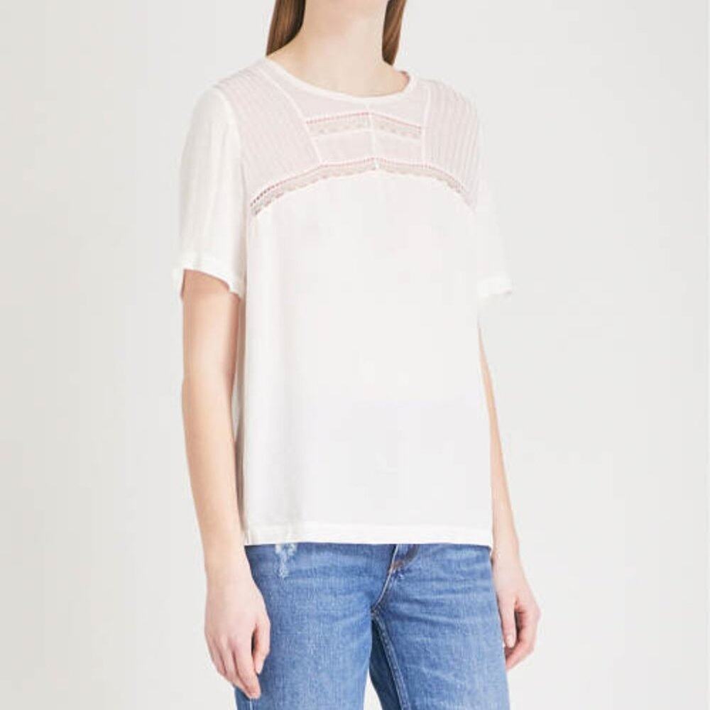 Sandro Veinarde Lace Yoke Embroidered Crepe Top Blouse Ecru Cream S